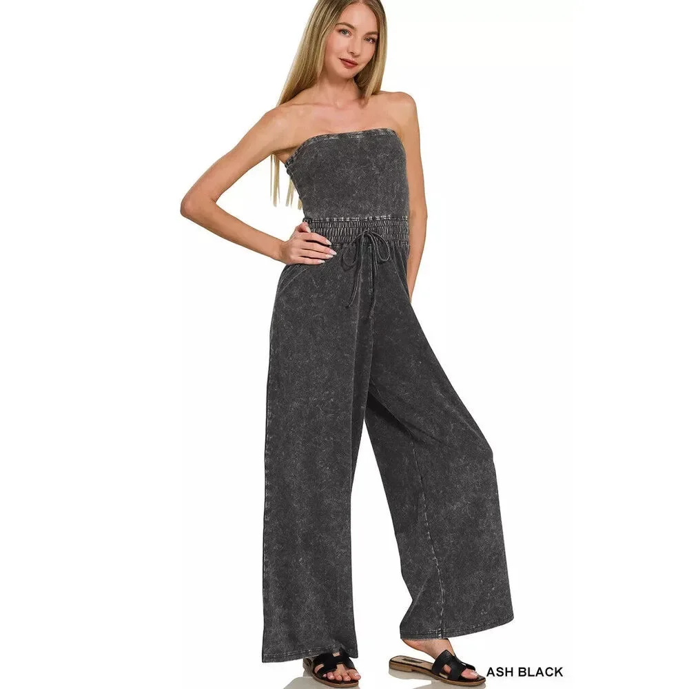 Zenana Acid Washed Strapless Tube Top Jumpsuit - Picture 1 of 3